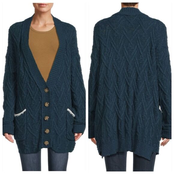 Free People Sweater Womens Sz S Montana Cable Cardigan Cotton Blend oversized - Picture 1 of 14